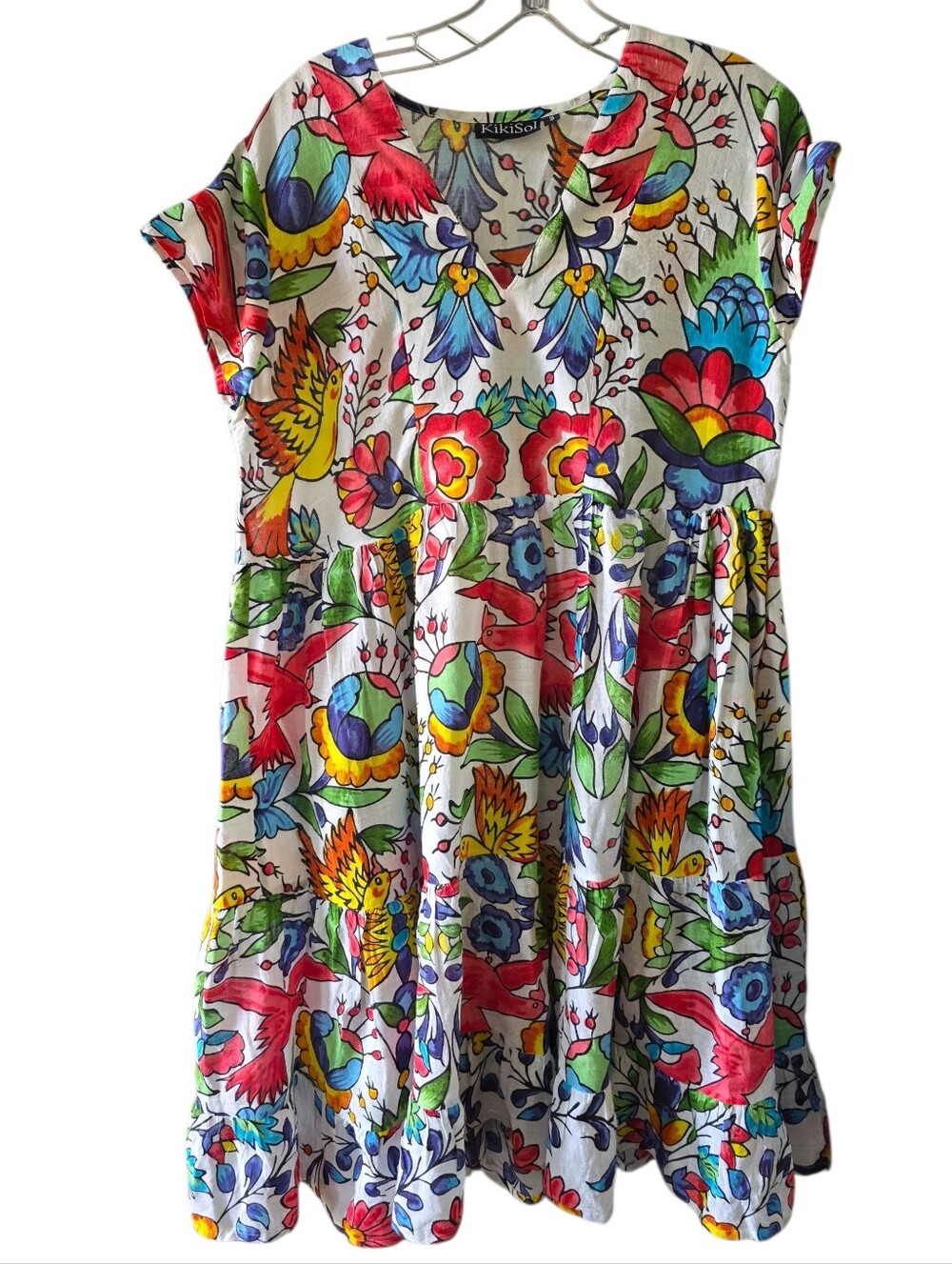 KikiSol Colorful Floral & Bird Print Tiered Dress Size Small